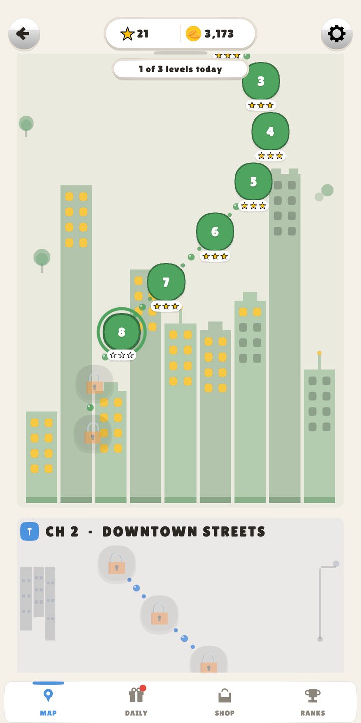 The city map: a winding path of numbered levels through the City Entrance chapter, stars under the cleared ones, Downtown Streets still locked below.