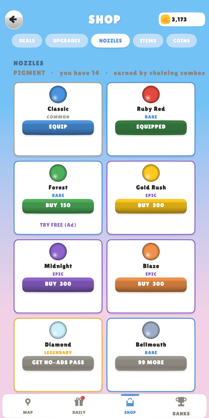 The shop's Nozzles tab: Classic, Ruby Red (equipped), Forest, Gold Rush, Midnight, Blaze, Diamond and Behemoth.